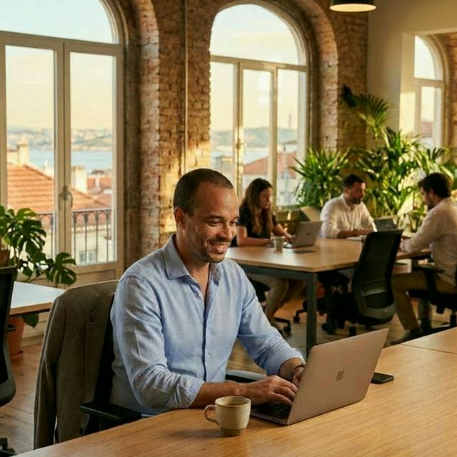 Jorge Cardoso working in a Lisbon co-working space